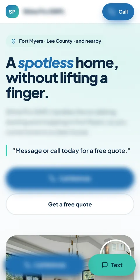 Phone view of a house cleaning website we built, name and number blurred