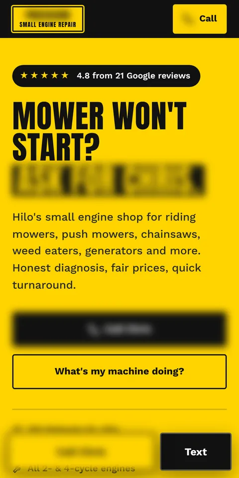 Phone view of a small engine repair website we built, name and number blurred