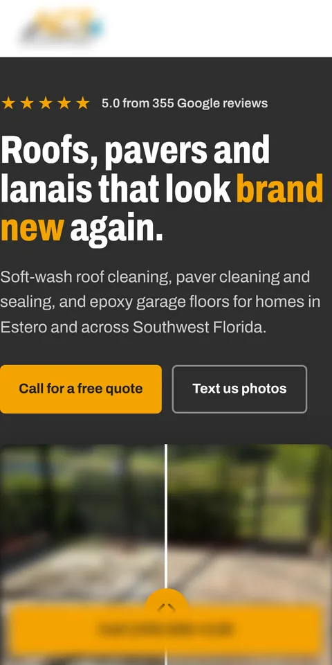 Phone view of a roof and paver cleaning website we built, name and number blurred
