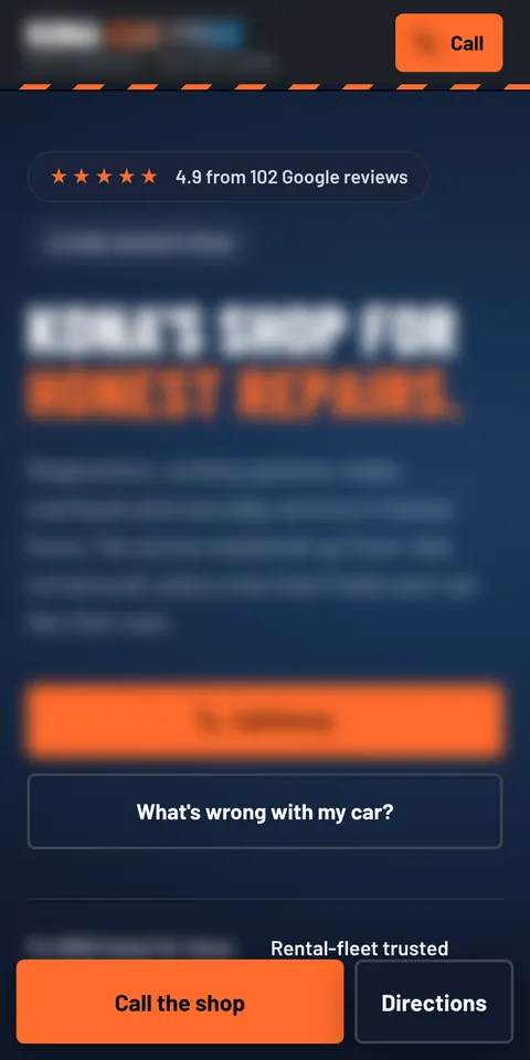Phone view of an auto repair website we built, name and number blurred