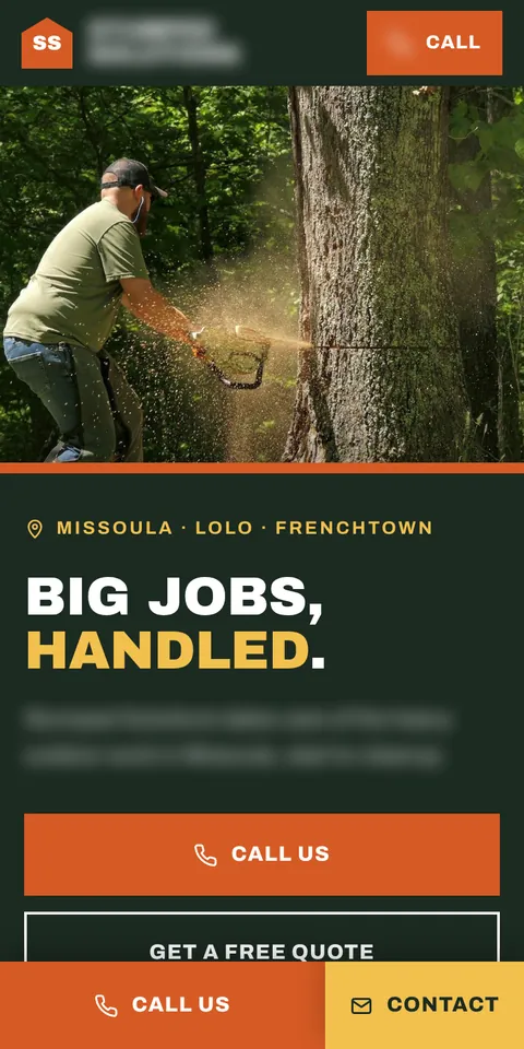 Phone view of a tree service website we built, name and number blurred