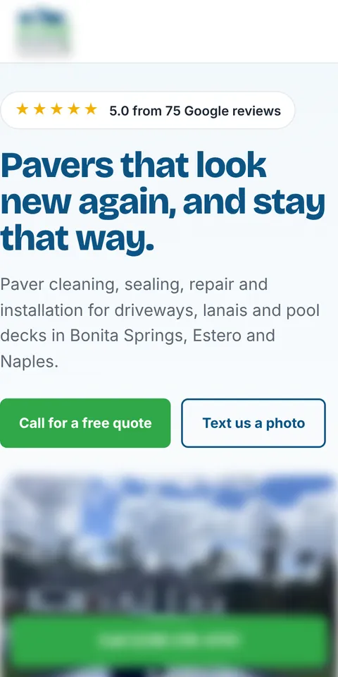 Phone view of a paver sealing website we built, name and number blurred